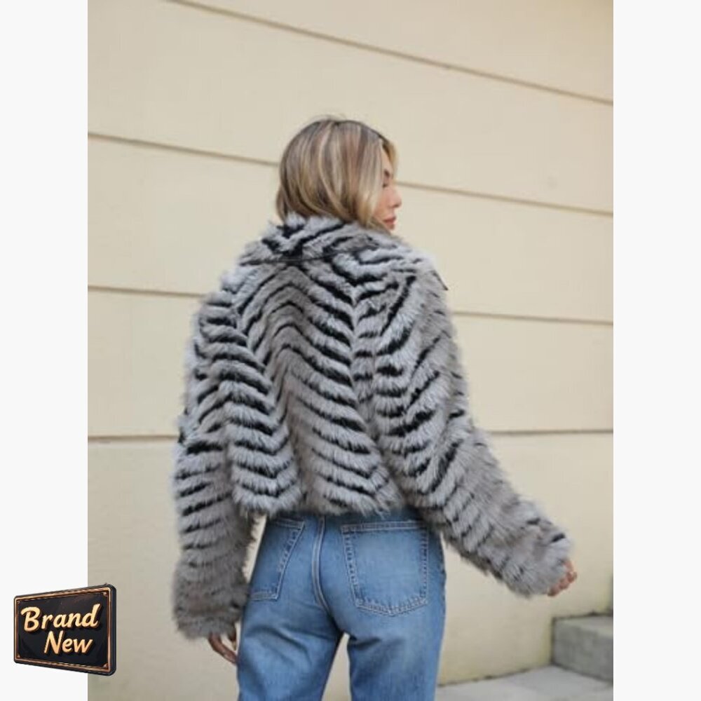 Faux Fur Leather Jacket Cropped Fleece Coat Warm Fluffy Zip Outerwear - Picture 5 of 7